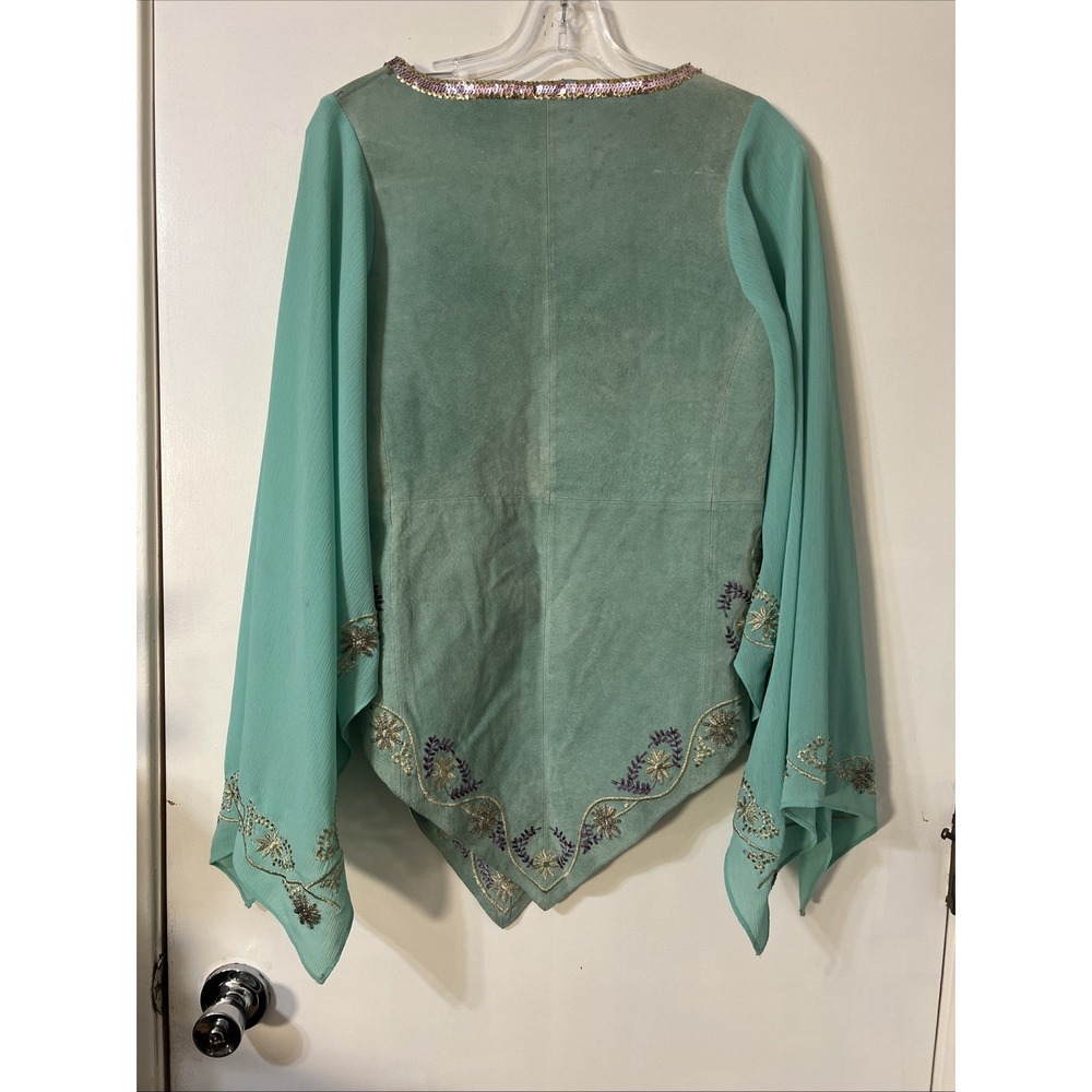 VTG  Wilson's Leather Blue Suede Boho Western‎ Sequin Kimono Sleeve Top Sz Small - Picture 7 of 11